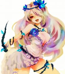 Rule 34 | 1girl, blue rose, breasts, cleavage, dress, flower, grimgrimoire, hair ornament, hiro (pixiv), long hair, lujei piche, nippon ichi, red eyes, rose, skull, solo, soul cradle, thighs, thorns, white hair