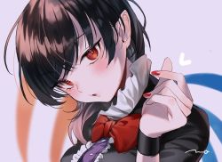 Rule 34 | 1girl, black hair, blush, bow, bowtie, dress, hands up, houjuu nue, looking at viewer, makita (vector1525), nail polish, open mouth, portrait, red bow, red bowtie, red eyes, red nails, solo, touhou, wings, wristband