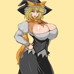 Rule 34 | 1girl, alternate breast size, blonde hair, blush, bow, braid, breasts, cleavage, fang, freckles, hands on own hips, hat, hat bow, huge breasts, juliet sleeves, kirisame marisa, long skirt, long sleeves, puffy sleeves, scarf, sha-pei sahei, side braid, single braid, skirt, solo, thick eyebrows, thick thighs, thighs, touhou, underbust, witch hat, yellow background, yellow eyes
