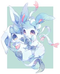 Rule 34 | absurdres, bad id, bad twitter id, blue background, blue eyes, blue theme, commentary request, creatures (company), game freak, gen 4 pokemon, gen 6 pokemon, glaceon, hideko (l33l3b), highres, hug, looking at viewer, nintendo, no humans, pokemon, pokemon (creature), simple background, sylveon