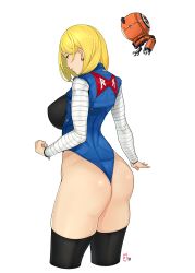 Rule 34 | 1girl, absurdres, adapted costume, android 18, ass, black shirt, blonde hair, blue eyes, breasts, clenched hand, commentary, cosplay, cropped legs, denim, dragon ball, dragonball z, earrings, english commentary, from side, highres, jewelry, kuririn, large breasts, leotard, nier:automata, nier (series), pod (nier:automata) (cosplay), pod (nier:automata), profile, shirt, simple background, striped sleeves, thighhighs, thighs, white background, white sleeves, white thighhighs, 2b (nier:automata), 2b (nier:automata) (cosplay), zcune