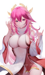 Rule 34 | 1girl, absurdres, animal ears, bare shoulders, blush, breasts, closed mouth, collarbone, commentary request, cowboy shot, detached sleeves, dress, earrings, fox ears, fox shadow puppet, genshin impact, hair between eyes, hair ornament, hand in own hair, hands up, highres, jewelry, large breasts, long hair, looking at viewer, nail polish, paid reward available, pink hair, pink nails, purple eyes, rafael-m, ribbon-trimmed sleeves, ribbon trim, sideboob, simple background, solo, white background, white dress, wide sleeves, yae miko