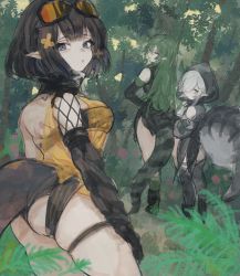 Rule 34 | 3girls, ahoge, arknights, ass, bandeau, black bandeau, black hair, black legwear, black sleeves, black tunic, blue eyes, commentary request, cowboy shot, crocodilian tail, detached sleeves, eunectes (arknights), facing away, flower, gavial (arknights), goggles, goggles on head, green hair, grey hair, hair flower, hair ornament, highres, hood, hood up, long hair, looking at viewer, looking back, multiple girls, omcxxx, pointy ears, shirt, short hair, snake tail, tail, thigh strap, thighhighs, tomimi (arknights), yellow shirt