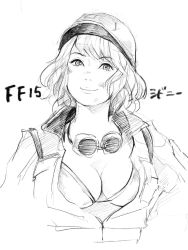 Rule 34 | 1girl, bra, breasts, character name, cidney aurum, cleavage, closed mouth, commentary request, copyright name, dirty, dirty face, final fantasy, final fantasy xv, goggles, goggles around neck, greyscale, hat, highres, jacket, jacket on shoulders, large breasts, looking at viewer, monochrome, open clothes, open jacket, sako (35s 00), short hair, simple background, sketch, smile, solo, traditional media, underwear, white background