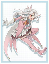 Rule 34 | 1girl, :d, black thighhighs, boots, detached sleeves, elbow gloves, fate/kaleid liner prisma illya, fate (series), feather hair ornament, feathers, floating hair, full body, gloves, hair ornament, highres, layered skirt, leg up, long hair, long sleeves, miniskirt, none (kameko227), open mouth, orange neckwear, pink feathers, pink footwear, pink sleeves, pleated skirt, prisma illya, red eyes, silver hair, skirt, smile, solo, thigh boots, thighhighs, two side up, very long hair, white gloves, white skirt, zettai ryouiki