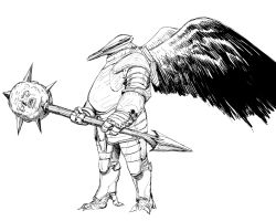 Rule 34 | 1other, armor, bird wings, breastplate, fewer digits, from side, full armor, gauntlets, greyscale, helmet, holding, holding weapon, mace, monochrome, monster, no humans, original, simple background, standing, talons, weapon, white background, wings, y naf