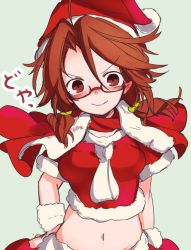 Rule 34 | 1girl, ahoge, alternate costume, blush, breasts, brown eyes, brown hair, capelet, closed mouth, commentary request, furorina, glasses, hair between eyes, hat, looking at viewer, low twintails, medium breasts, midriff, navel, nose blush, pom pom (clothes), red-framed eyewear, santa costume, semi-rimless eyewear, short sleeves, simple background, solo, touhou, twintails, under-rim eyewear, upper body, usami sumireko, wavy mouth