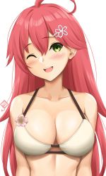 Rule 34 | 1girl, ahoge, alternate costume, arcie albano, bikini, blush, breasts, cleavage, flower ornament, green eyes, hair between eyes, hair ornament, hairclip, highres, hololive, large breasts, long hair, looking at viewer, one eye closed, pink hair, sakura miko, simple background, smile, solo, swimsuit, upper body, very long hair, virtual youtuber, white background, white bikini