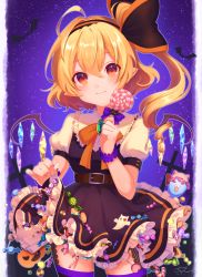 Rule 34 | 1girl, absurdres, alternate costume, arm up, bat (animal), belt, black dress, black thighhighs, blonde hair, blush, breasts, brown belt, candy, candy cane, chocolate, commentary request, cookie, cross, crystal, dated, dress, emoriza, fang, fingernails, flandre scarlet, food, frilled dress, frills, garter straps, gem, ghost, green gemstone, hairband, halloween, hat, hat ribbon, highres, lollipop, looking at viewer, mob cap, open mouth, orange neckwear, pointy ears, puffy short sleeves, puffy sleeves, purple background, red eyes, red ribbon, remilia scarlet, ribbon, short hair, short sleeves, side ponytail, signature, simple background, small breasts, smile, standing, thighhighs, touhou, upper body, wings, wrist cuffs
