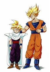 Rule 34 | 2boys, absurdres, age difference, arms at sides, blonde hair, blue eyes, boots, cape, dougi, dragon ball, dragonball z, father and son, full body, happy, head tilt, height difference, highres, looking at another, looking down, looking up, male focus, multiple boys, official art, shaded face, shadow, short hair, simple background, smile, son gohan, son goku, spiked hair, standing, super saiyan, super saiyan 1, toei animation, toriyama akira, white background, wristband