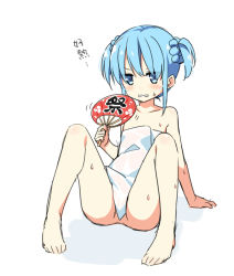 Rule 34 | 1girl, arm support, blue hair, blush, collarbone, double bun, fanning face, fanning self, full body, hair between eyes, hand fan, hatsunatsu, holding, holding fan, looking at viewer, naked towel, original, paper fan, parted lips, reclining, short hair, short twintails, sidelocks, simple background, sitting, solo, spread legs, sweat, towel, translation request, twintails, uchiwa, wavy mouth, wet towel, white background