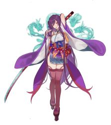 Rule 34 | 1girl, ark order, black legwear, blush, breasts, commentary request, dragon, hair ornament, highres, japanese clothes, katana, kimono, kimono skirt, large breasts, long hair, official art, red cucumber, red eyes, sandals, sword, transparent background, very long hair, weapon, yamata no orochi (ark order)