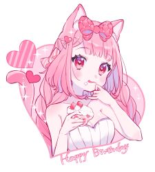 Rule 34 | 1girl, animal ears, blush, bow, braid, cake, cat ears, cat tail, food, hair bow, hands up, happy birthday, highres, holding, holding food, jikuno, long hair, original, pink hair, portrait, red eyes, simple background, solo, tail, tongue, tongue out, white background