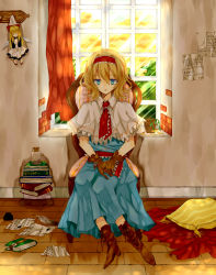 Rule 34 | 1girl, alice margatroid, blonde hair, blue eyes, book, boots, capelet, chair, cloud, colored eyelashes, cushion, doll, expressionless, eyelashes, closed eyes, female focus, full body, gloves, hair ribbon, hanging, highres, hiharo, indoors, jar, paper, pillow, plant, ribbon, room, shanghai doll, shawl, short hair, sitting, sky, solo, touhou, window