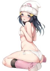 Rule 34 | 1girl, ass, beanie, bikini, blue eyes, blue hair, blush, boots, breasts, creatures (company), dawn (pokemon), embarrassed, female focus, game freak, hair ornament, hairclip, hands on own chest, hat, highres, long hair, looking at viewer, looking back, nene (atsushi hamano), nintendo, open mouth, pink footwear, pokemon, pokemon dppt, scarf, shiny skin, side-tie bikini bottom, simple background, sitting, small breasts, solo, swimsuit, thighs, thong, wariza, white background