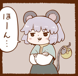 Rule 34 | 1girl, animal ears, basket, border, buck teeth, capelet, commentary request, crossed arms, grey hair, holding, holding with tail, jitome, long sleeves, mouse (animal), mouse ears, mouse tail, nazrin, poronegi, prehensile tail, short hair, solo, tail, teeth, touhou, translation request