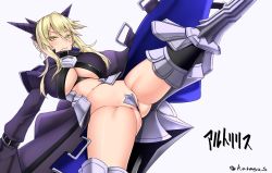 Rule 34 | &gt;:(, 1girl, akitsuki karasu, armor, armored boots, artoria pendragon (all), artoria pendragon (fate), artoria pendragon (lancer alter) (fate), blonde hair, blush, boots, braid, breasts, closed mouth, cosplay, crotch plate, fate/grand order, fate (series), french braid, frown, horns, juliet sleeves, large breasts, long sleeves, meltryllis (fate), meltryllis (fate) (cosplay), navel, puffy sleeves, revealing clothes, saber (fate), saber alter, solo, spread legs, stomach, thigh boots, thighhighs, underboob, v-shaped eyebrows, yellow eyes