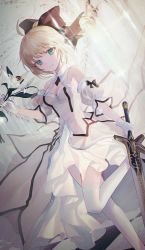 Rule 34 | 1girl, ahoge, armor, armored dress, artoria pendragon (all), artoria pendragon (fate), bad id, bad pixiv id, black bow, blonde hair, bow, breasts, caliburn (fate), cleavage, commentary, detached sleeves, dress, dutch angle, fate/grand order, fate (series), flower, gloves, green eyes, hair bow, highres, holding, holding flower, holding sword, holding weapon, lily (flower), looking at viewer, magical girl, medium breasts, medium hair, no.aei, ponytail, saber lily, smile, solo, standing, standing on one leg, sword, thighhighs, weapon, white dress, white gloves, white sleeves, white thighhighs