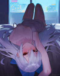Rule 34 | 1girl, arm up, armpits, beijuu, blue bow, blush, bow, breasts, city, dark, dress, girls&#039; frontline, hair bow, indoors, long hair, looking at viewer, lying, off-shoulder dress, off shoulder, on back, rain, red eyes, silver hair, small breasts, solo, tokarev (girls&#039; frontline), twitter username, upside-down, window