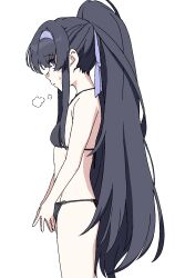 Rule 34 | 1girl, bags under eyes, bikini, black bikini, black hair, blue archive, blush, breasts, breath, cowboy shot, expressionless, from side, hair ribbon, hairband, highres, long hair, looking at viewer, osame, own hands together, ponytail, profile, purple eyes, purple hairband, purple ribbon, ribbon, sideways glance, simple background, sketch, small breasts, solo, sweatdrop, swimsuit, ui (blue archive), ui (swimsuit) (blue archive), very long hair, white background