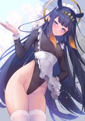 Rule 34 | 1girl, alternate costume, black hair, blue hair, blunt bangs, blush, commentary request, enmaided, flower, halo, hand on own hip, highleg, highleg leotard, highres, hololive, hololive english, leotard, long hair, long sleeves, looking at viewer, maid, maid headdress, maid leotard, ninomae ina&#039;nis, partial commentary, pointy ears, smile, solo, sweat, thighhighs, thighs, unconventional maid, very long hair, virtual youtuber, white thighhighs, yoshiheihe