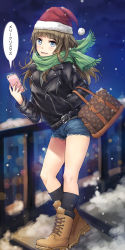 Rule 34 | 1girl, bad id, bad pixiv id, bag, belt, black socks, blue eyes, blunt bangs, blurry, blush, boots, brown footwear, brown hair, cellphone, christmas, coat, cross-laced footwear, depth of field, full body, green scarf, hand in pocket, handbag, hat, highres, lace-up boots, legs, long hair, long sleeves, looking at viewer, original, outdoors, parted lips, phone, santa hat, scarf, short shorts, shorts, smartphone, smile, snowing, socks, solo, standing, tonee, translation request, winter clothes, winter coat