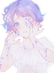 Rule 34 | 10 io, 1girl, blue eyes, blue flower, blue hair, blue nails, choker, collarbone, crying, crying with eyes open, dress, flower, flower over eye, frilled dress, frills, hair flower, hair ornament, hands up, highres, looking at viewer, nail polish, one eye covered, original, parted lips, purple flower, short hair, simple background, sleeveless, sleeveless dress, solo, tears, teeth, upper body, white background, white choker, white dress, white flower