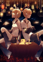 Rule 34 | 1boy, 1girl, back-to-back, bad id, bad pixiv id, blonde hair, blue eyes, brother and sister, closed eyes, constellation, crossed arms, detached sleeves, gemini (constellation), gradient background, hair ornament, hair ribbon, hairclip, headphones, highres, kagamine len, kagamine rin, lamp, light, lococo:p, ribbon, siblings, sitting, star (symbol), vocaloid