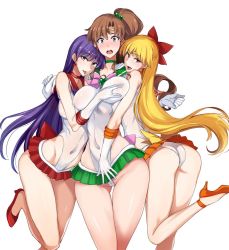 Rule 34 | 3girls, aino minako, bishoujo senshi sailor moon, blonde hair, blush, grabbing another&#039;s breast, breasts, brown eyes, brown hair, choker, covering privates, covering crotch, earrings, elbow gloves, girl sandwich, gloves, grabbing, green choker, green sailor collar, green skirt, hair bobbles, hair ornament, hair ribbon, high heels, highres, hino rei, impossible clothes, impossible leotard, inner senshi, isao, jewelry, kino makoto, leotard, linea alba, looking at viewer, midriff, multiple girls, naughty face, open mouth, orange choker, orange sailor collar, orange skirt, purple hair, red choker, red ribbon, red sailor collar, red skirt, ribbon, sailor collar, sailor jupiter, sailor mars, sailor senshi, sailor senshi uniform, sailor venus, sandwiched, see-through, shiny skin, simple background, skin tight, skirt, standing, star (symbol), star earrings, tongue, tongue out, white background, white gloves