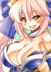 Rule 34 | 10s, 1girl, :d, bare shoulders, blush, breasts, brown eyes, choker, cleavage, fate/extra, fate (series), female focus, large breasts, long hair, looking at viewer, marker (medium), millipen (medium), open mouth, pink hair, slit pupils, smile, solo, tamamo (fate), tamamo no mae (fate/extra), traditional media, uneven eyes, yutakasan-love