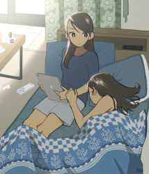 Rule 34 | 2girls, absurdres, artist name, blue nails, brown eyes, brown hair, hand on another&#039;s arm, hidden face, highres, holding, holding tablet pc, indoors, kojiro337, long hair, lying, multiple girls, nail polish, on bed, original, shirt, shorts, sitting, t-shirt, tablet pc, under covers, yuri