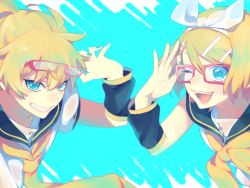 Rule 34 | + +, 1boy, 1girl, blonde hair, blue background, blue eyes, bow, brother and sister, collarbone, glasses, grin, hair bow, hair ornament, hairclip, kagamine len, kagamine rin, looking at viewer, necktie, nora usagi, one eye closed, open mouth, sailor collar, short hair, siblings, smile, teeth, twins, vocaloid