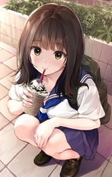 Rule 34 | 1girl, back, black footwear, blouse, blue sailor collar, blue skirt, blush, brown hair, closed mouth, commentary, cup, disposable cup, drinking straw, drinking straw in mouth, hand on own knee, highres, holding, holding cup, long hair, looking at viewer, original, outdoors, pasdar, plant, sailor collar, school uniform, serafuku, shirt, short sleeves, skirt, solo, squatting, tile floor, tiles, white shirt, yellow eyes