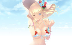 Rule 34 | 1girl, bare arms, bare shoulders, bikini, blonde hair, blue bikini, blue eyes, blush, boku wa tomodachi ga sukunai, breasts, butterfly hair ornament, cait aron, cloud, day, floating hair, front-tie bikini top, front-tie top, hair ornament, hat, highres, kashiwazaki sena, large breasts, light smile, long hair, looking at viewer, micro bikini, navel, one eye closed, outdoors, sky, smile, solo, standing, sun hat, swimsuit, underboob, upper body, white hat, wind
