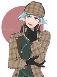 1boy :d black_gloves brown_coat brown_hat coat collared_shirt commentary_request creatures_(company) game_freak gloves green_vest hand_on_own_chin hat highres long_sleeves looking_to_the_side male_focus mocollie nintendo official_alternate_costume open_mouth pokemon pokemon_masters_ex shirt smile solo steven_stone steven_stone_(special_costume) stroking_own_chin teeth vest white_shirt