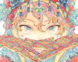 Rule 34 | 1other, ambiguous gender, aqua eyes, close-up, colorful, commentary, covered mouth, covering own mouth, english commentary, engrish commentary, eye focus, floral print, gloves, gradient hair, hair between eyes, hand over own mouth, hands up, jewelry, looking at viewer, making-of available, multicolored eyes, multicolored hair, orange hair, original, own hands clasped, own hands together, painting (medium), pendant, photo (medium), pink hair, pom pom (clothes), portrait, print gloves, red gloves, runta, solo, straight-on, tassel, traditional media, watercolor (medium), wavy hair