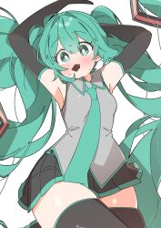 Rule 34 | 1girl, absurdres, aqua eyes, aqua hair, armpit crease, armpits, arms up, black gloves, blush, chocolate, elbow gloves, food in mouth, gloves, grey shirt, hatsune miku, highres, long hair, looking at viewer, lying, no nose, on back, shirt, solo, sweat, thick thighs, thighhighs, thighs, twintails, uruti 2388, very long hair, vocaloid, white background, zettai ryouiki