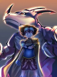 Rule 34 | cape, digimon, digimon (creature), digimon adventure v-tamer 01, dragon, gloves, goggles, goggles on head, highres, looking at viewer, short hair, v-dramon, yagami taichi (digimon adventure v-tamer 01)