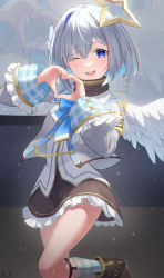 Rule 34 | 1girl, :d, absurdres, aiguillette, amane kanata, amane kanata (1st costume), angel wings, armband, black dress, black footwear, blue bow, blue bowtie, blue hair, blue socks, bob cut, boots, bow, bowtie, colored inner hair, commentary request, cropped jacket, dress, feathered wings, frilled dress, frills, fue (lars0713), gradient wings, grey hair, grey jacket, hair over one eye, halo, hands up, heart, heart hands, highres, holoforce, hololive, jacket, kneehighs, leg up, legwear garter, long sleeves, looking at viewer, multicolored hair, multicolored wings, one eye closed, open mouth, purple eyes, sailor collar, shirt, short dress, short hair, single hair intake, sleeve cuffs, smile, socks, star halo, turtleneck, turtleneck dress, virtual youtuber, white shirt, white wings, wide sleeves, wings