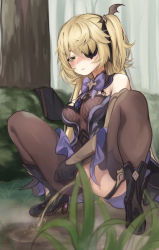 Rule 34 | 1girl, absurdres, bad id, bad pixiv id, black footwear, black leotard, black thighhighs, blonde hair, blush, boots, bow, bowtie, breasts, bush, clothing aside, dress, eyepatch, fischl (genshin impact), forest, genshin impact, grass, green eyes, high heels, highres, large breasts, leotard, leotard aside, long hair, looking down, nature, peeing, ponytail, puddle, purple bow, purple bowtie, purple dress, side ponytail, solo, squatting, thighhighs, torriet, tree