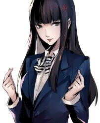 Rule 34 | 1girl, black bow, black bowtie, black hair, blue jacket, blunt bangs, bow, bowtie, breasts, grey eyes, hair ornament, hands up, highres, jacket, kosei high school uniform, long hair, long sleeves, looking at viewer, medium breasts, parted lips, persona, persona 5, pertex 777, school uniform, shirt, sidelocks, simple background, solo, striped bow, striped bowtie, striped clothes, tougou hifumi, upper body, white background, white bow, white bowtie, white shirt
