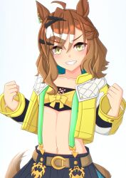 Rule 34 | 1girl, 2-butani, absurdres, ahoge, animal ears, black skirt, breasts, clenched hands, commentary request, cowboy shot, crop top, cropped jacket, earrings, grin, hair between eyes, hair ornament, highres, horse ears, horse girl, horse tail, jacket, jewelry, jungle pocket (umamusume), long sleeves, looking at viewer, medium hair, midriff, navel, open mouth, simple background, single earring, skirt, small breasts, smile, solo, tail, umamusume, v-shaped eyebrows, white background, x hair ornament, yellow eyes, yellow jacket