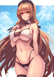 Rule 34 | 1girl, absurdres, arm behind back, azur lane, bare arms, bare shoulders, bikini, blue sky, breasts, brown hair, commentary, cowboy shot, day, denchi more power, detached collar, frilled hairband, frills, hairband, hand on own chest, hand up, highres, large breasts, long hair, looking at viewer, mole, mole under mouth, multi-strapped bikini, navel, official alternate costume, parted lips, red eyes, sky, solo, standing, stomach, swiftsure (azur lane), swiftsure (midsummer special service) (azur lane), swimsuit, thighs, very long hair