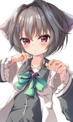 Rule 34 | 1girl, 9-nine-, absurdres, animal ears, black hair, black shirt, blush, bow, cat ears, commentary, eyelashes, frilled sleeves, frills, green bow, hair between eyes, hair intakes, hair ornament, hairclip, hands up, highres, kemonomimi mode, long sleeves, looking at viewer, parted lips, paw pose, red eyes, school uniform, shirt, short hair with long locks, simple background, solo, tatika714, upper body, v-shaped eyebrows, white background, wide sleeves, wing collar, yuuki noa