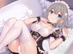 Rule 34 | 1girl, ass, blue eyes, braid, cameltoe, choker, closed mouth, collarbone, couch, frilled sleeves, frills, garter straps, grey hair, hair between eyes, highres, legs together, legs up, looking at viewer, lying, maid, maid headdress, nagiha kuten, non-web source, on back, original, panties, short sleeves, sidelocks, smile, solo, thighhighs, thighs, underwear, white panties, white thighhighs, wrist cuffs