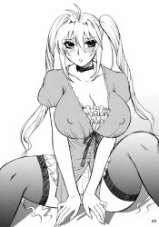 Rule 34 | 1girl, black thighhighs, blonde hair, blush, breasts, choker, cleavage, highres, large breasts, long hair, looking at viewer, miniskirt, monochrome, sekirei, simple background, skirt, solo, thighhighs, tsukiumi, twintails, white background, zettai ryouiki