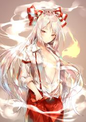 Rule 34 | 1girl, bow, breasts, breasts apart, collared shirt, cowboy shot, dress shirt, fujiwara no mokou, grey background, hair bow, hand in pocket, highres, long hair, looking at viewer, no bra, open clothes, open fly, open shirt, pants, parted bangs, red eyes, red pants, sakusyo, shirt, simple background, sleeves rolled up, small breasts, smoke, solo, suspenders, touhou, very long hair, white bow, white hair, white shirt, wing collar