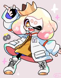 Rule 34 | 1girl, boots, bright pupils, commentary, cross-laced footwear, crown, full body, gradient hair, grey background, inkling, jacket, medium hair, mole, mole under mouth, multicolored hair, nintendo, one eye closed, open clothes, open jacket, open mouth, pantyhose, pearl (splatoon), pink hair, puffy sleeves, simple background, sleeves past wrists, smile, solo, splatoon (series), splatoon 3, splatoon 3: side order, standing, star-shaped pupils, star (symbol), symbol-only commentary, symbol-shaped pupils, teeth, tentacle hair, thick eyebrows, two-tone hair, upper teeth only, white footwear, white hair, white jacket, white pupils, yellow eyes, yellow headwear, yoshishi (yosisitoho)