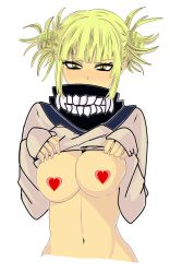 Rule 34 | 1girl, absurdres, artist request, blonde hair, boku no hero academia, breasts, censored, clothes lift, cropped torso, heart, heart censor, highres, large breasts, lifted by self, messy hair, school uniform, shirt lift, simple background, sleeves past wrists, solo, source request, toga himiko, upper body, white background, yellow eyes
