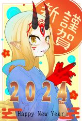 Rule 34 | 1girl, 2024, blonde hair, blue kimono, border, caterpillaraa, eyeliner, facial mark, fate/grand order, fate (series), fingernails, flat chest, forehead mark, from side, happy new year, headpiece, highres, horns, ibaraki douji (fate), japanese clothes, kimono, light smile, long hair, looking at viewer, makeup, new year, obi, oni, oni horns, own hands together, pointy ears, portrait, sash, sharp fingernails, solo, white border, yellow eyes